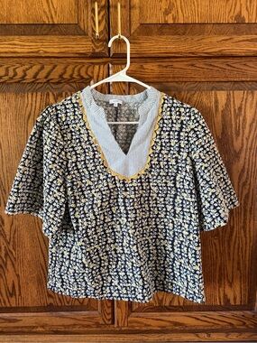 Floral V-Neck Blouse with Yellow Trim